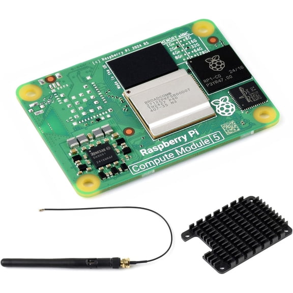 CM5 Pi Compute Module 5Comes with an Official CM5002032 (Without Wireless, 2GB RAM, 32GB eMMC Flash), an Antenna Kit and a HEATSINK (3 Items)