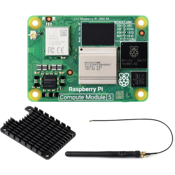 CM5 Pi Compute Module 5Comes with an Official CM5102032 (with Wireless, 2GB RAM, 32GB eMMC Flash), an Antenna Kit and a HEATSINK. (3 Items)