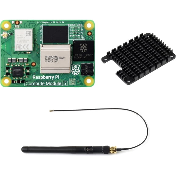 CM5 Pi Compute Module 5Comes with an Official CM5104032 (with Wireless, 4GB RAM, 32GB eMMC Flash), an Antenna Kit and a HEATSINK. (3 Items)