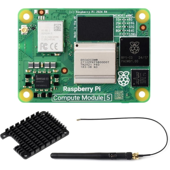 CM5 Pi Compute Module 5Comes with an Official CM5108032 (with Wireless, 8GB RAM, 32GB eMMC Flash), an Antenna Kit and a HEATSINK. (3 Items)