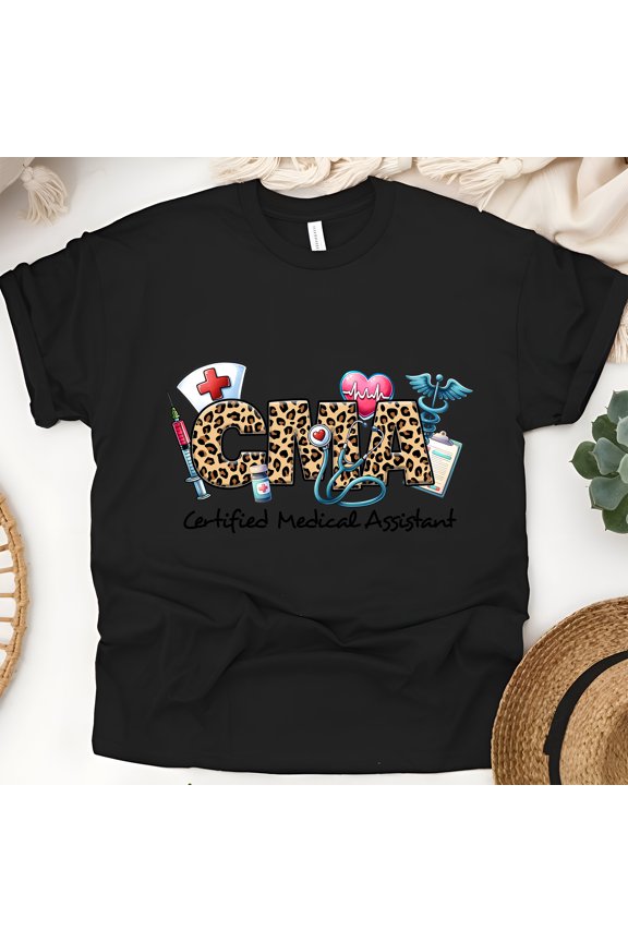 CMA Leopard Print Graphic T-Shirt, Certified Medical Assistant Tee, Black, Size 3XL