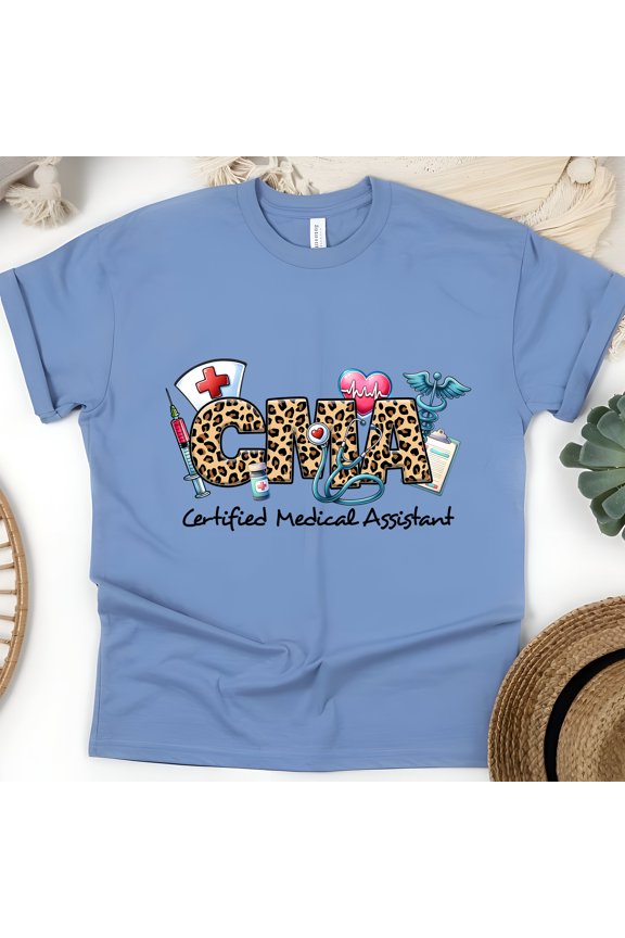 CMA Leopard Print Graphic T-Shirt, Certified Medical Assistant Tee, CarolinaBlue, Size M