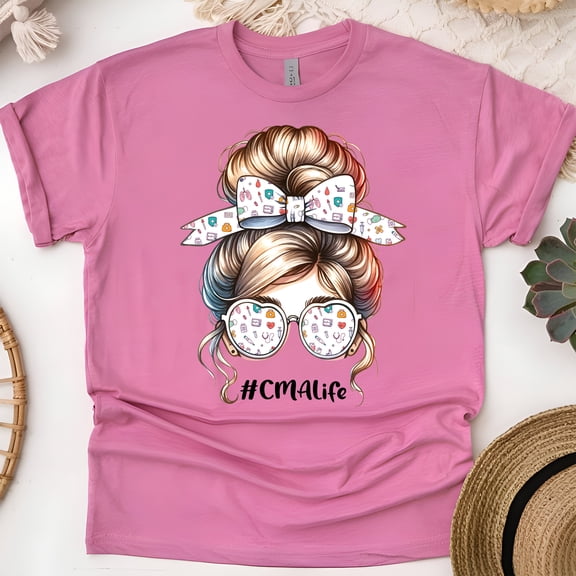 CMA Life Graphic T-Shirt for Women, Cute Healthcare Worker Tee, Heliconia, Size 2XL