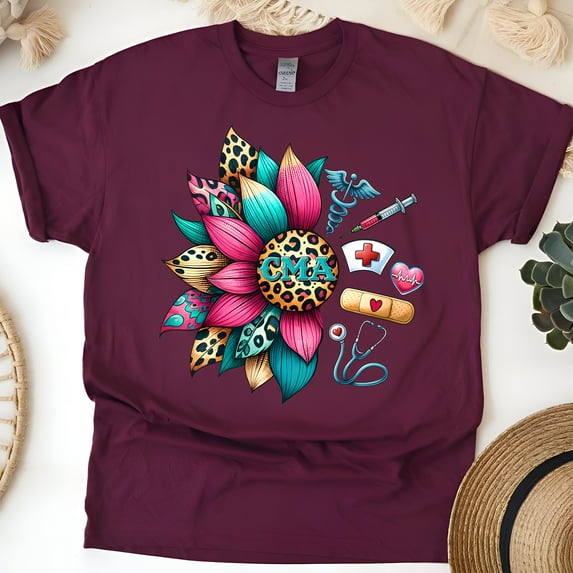 CMA Medical Assistant Graphic T-Shirt for Women, Colorful Floral Design, Maroon, Size S