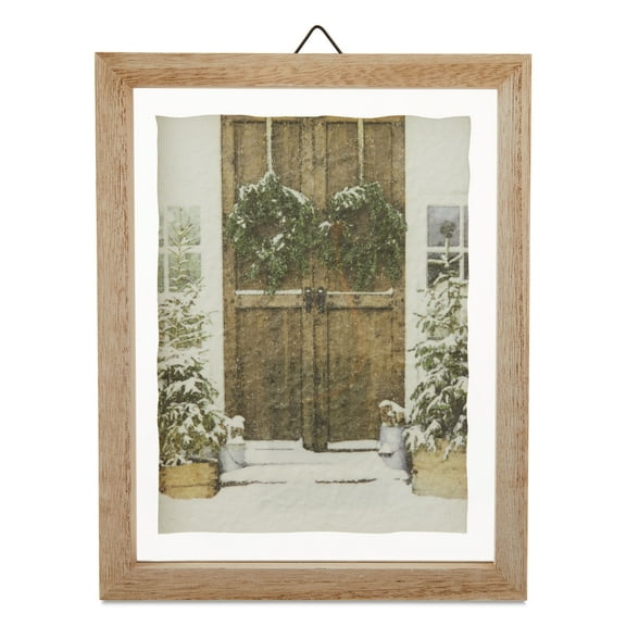Rustic Door with Wreaths Framed Hanging Christmas Decoration, Brown and White, 8" x 10", by My Texas House