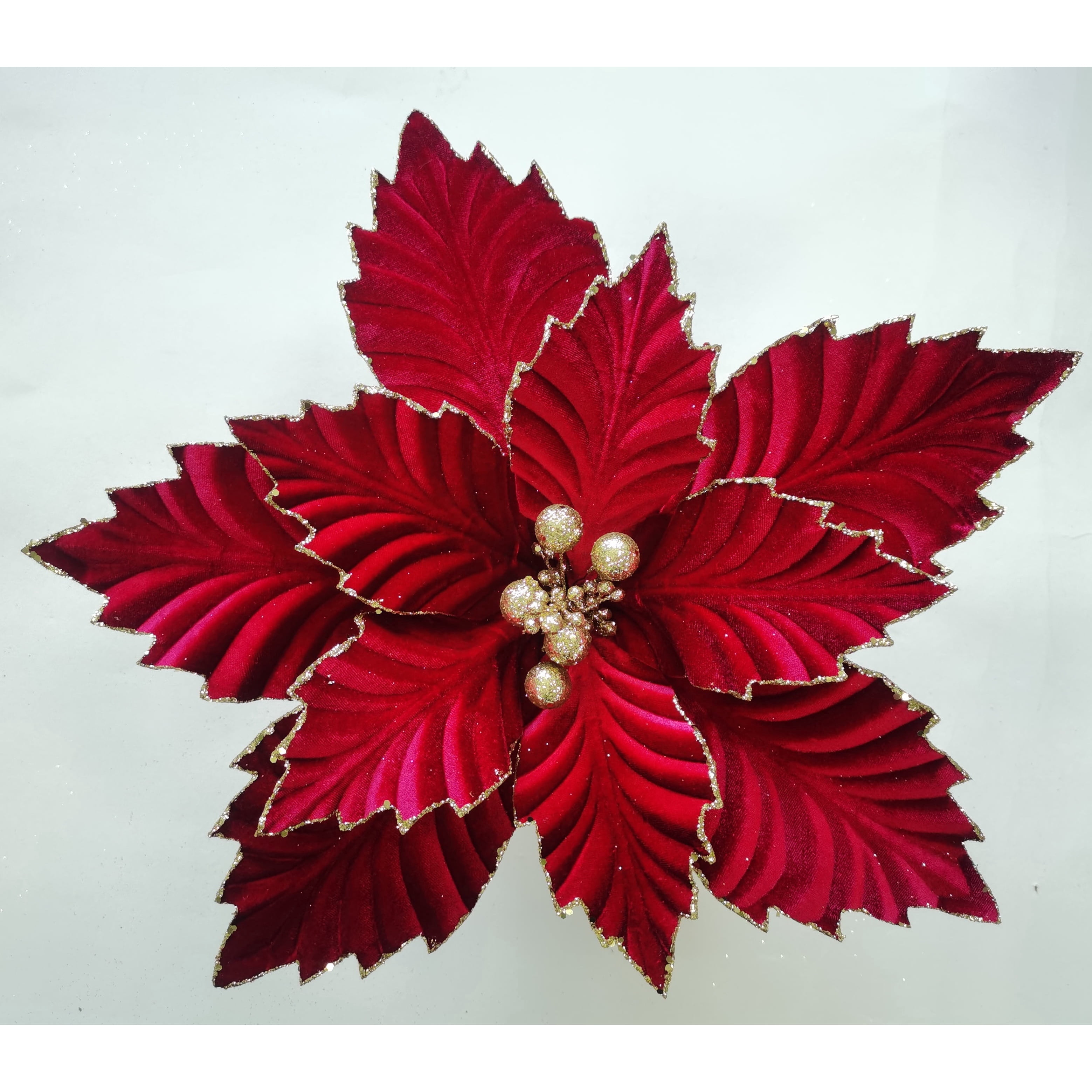 Dark Red and Gold Velvet Poinsettia Christmas Clip Ornament, 18", by Holiday Time