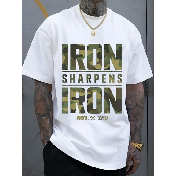 CMBT Men's Oversized 100% Cotton Graphic T-Shirt - "IRON SHARPENS IRON" & Proverbs 27:17 Bible Verse Design, Geometric Print Casual Streetwear Tee, Breathable Summer Top, Machine Washable, Summer Fash