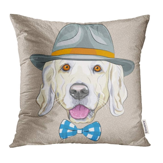 CMFUN Animal Hipster Dog Golden Retriever Breed in Gray Hat and Tartan Bow Tie Cartoon Fun Pillow Case Pillow Cover 16x16 inch Throw Pillow Covers