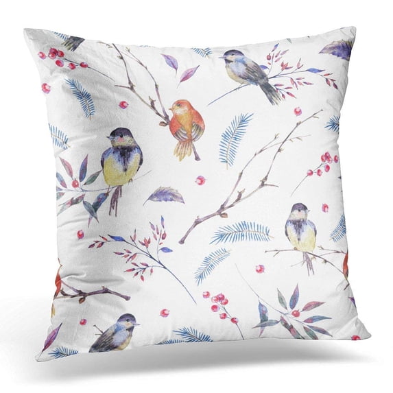 CMFUN Blue Floral Watercolor with Branches Leaves Birds on White Natural Winter Spring Colorful Flower Pillow Case Pillow Cover 20x20 inch