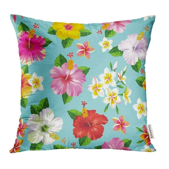 CMFUN Blue Hawaiian with Tropical Flowers Green Hibiscus Aloha Beach Bloom Blooming Pillowcase Cushion Cover 16x16 inch