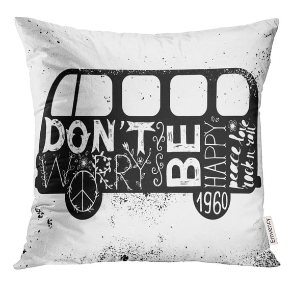 CMFUN Bus Vintage Time Decorated Van Don't Worry Be Happy Peace Love Rock N Roll Camper Pillow Case 18x18 Inches Pillowcase
