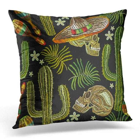 CMFUN Classical Ethnic Embroidery Skull in Sombrero Pattern Design Mexican Culture Human Maracas Cactus Pillow Case Pillow Cover 20x20 inch