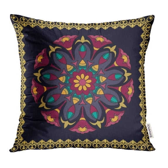 CMFUN Colored Mandala on Black Flower Round Ornaments Yoga for Meditation Idea Pillow Case Pillow Cover 20x20 inch Throw Pillow Covers