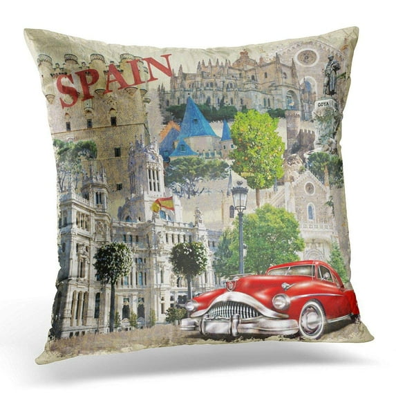 CMFUN Europe Collage Spain Vintage Car Travel Retro Spanish Barcelona Country Pillow Case Cushion Cover 16x16 Inches