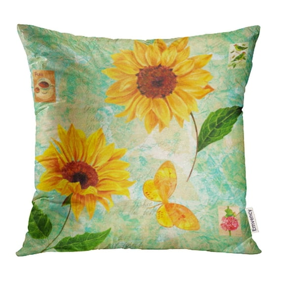 CMFUN Golden Yellow Watercolor Sunflowers and Butterfly with Postage Stamps Pillowcase Cushion Cover 18x18 inch