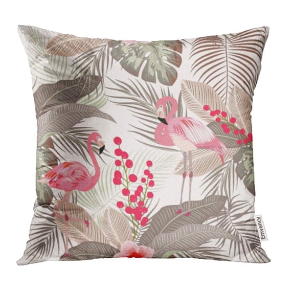 CMFUN Green Aloha Tropical Leaves and Flamingo Pink Blank Border Branch Climate Exotic Pillow Case Pillow Cover 18x18 inch Throw Pillow Covers