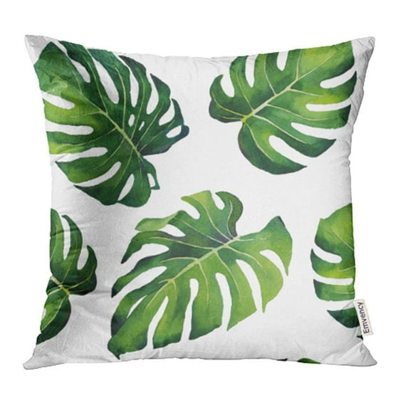 CMFUN Green Leaf Hand Watercolor Monstera Leaves Pattern on White Botanical Palm Tree Pillowcase Cushion Cover 20x20 inch