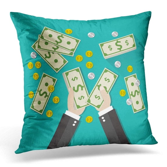 CMFUN Income Concept Businessman Counting Cash Money Stacks of Dollars and Gold Coins on Green in Flat Design Pillow Case Pillow Cover 18x18 inch