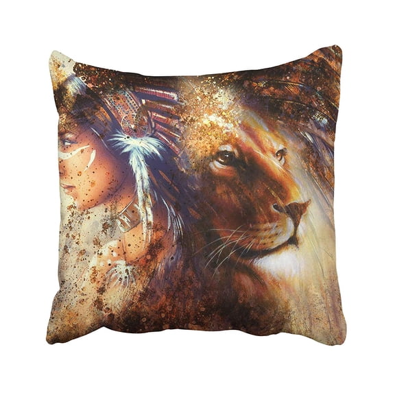 CMFUN Leo Woman Wearing Feather Headdress with Lion and Abstract Color Collage Dark Pillow Case Pillow Cover 18x18 inch Throw Pillow Covers