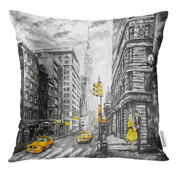 CMFUN Oil Painting on Canvas Street View of New York Man and Woman Yellow Taxi Modern in Gray Colors American Pillow Case 20x20 Inches Pillowcase