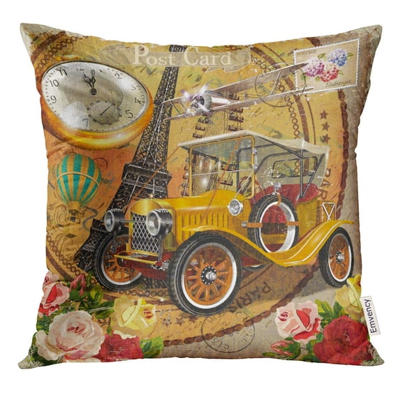 CMFUN Retro Paris Vintage Flower Car Clock France Pillow Case 18x18 Inches Pillowcase