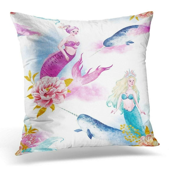 CMFUN Sea Watercolor with Pink and Blue Mermaids Fish Narwhal Clouds and Peony Flowers with Gold Leaves Cute Pillow Case Pillow Cover 20x20 inch
