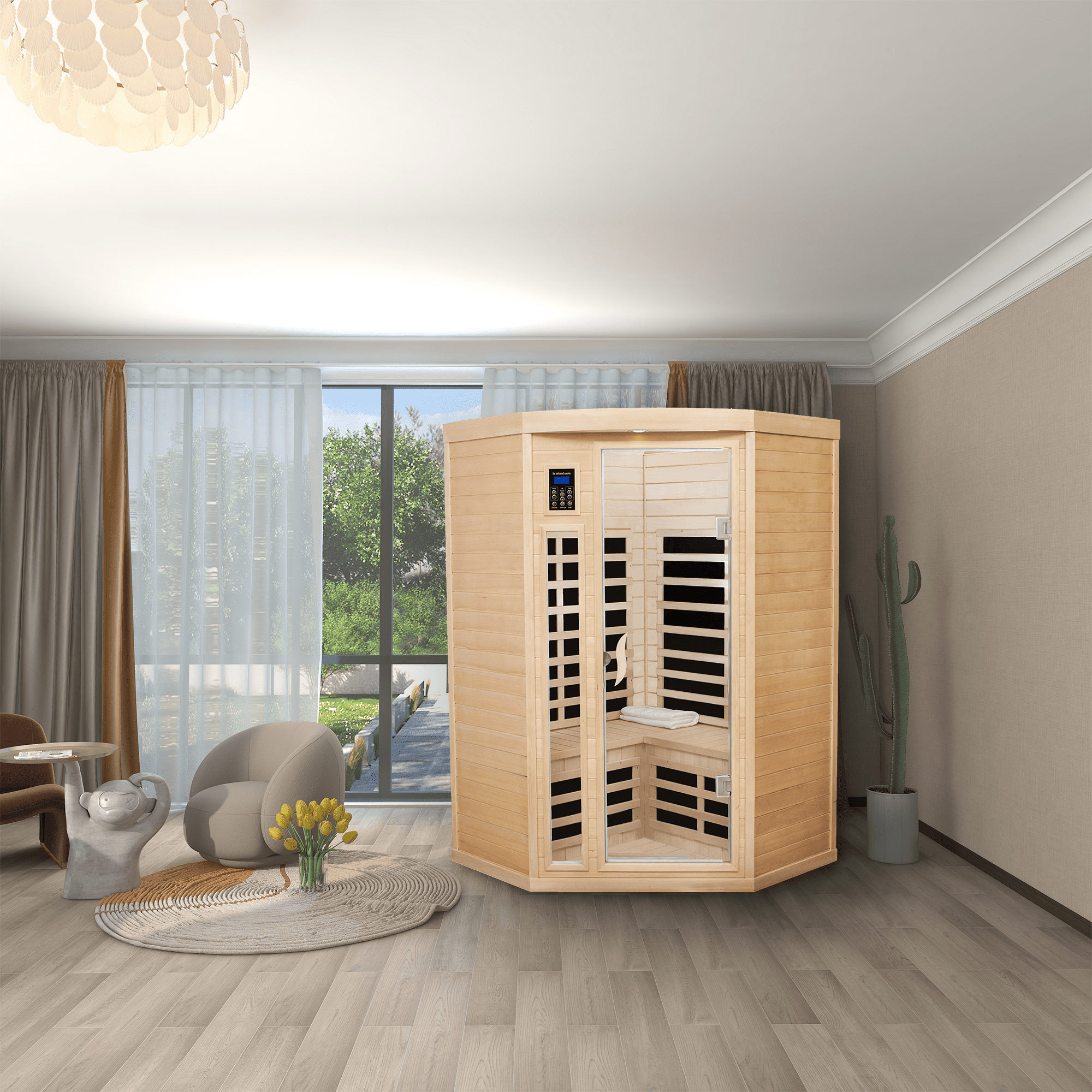 CMGB Pentagonal Canadian hemlock sauna room.Far Infrared Sauna 7 Low EMF Heaters, Wooden Sauna