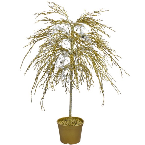 CMI 3.75' Unlit Artificial Christmas Tree Potted Gold Crystallized Glitter Mirrors and Beads