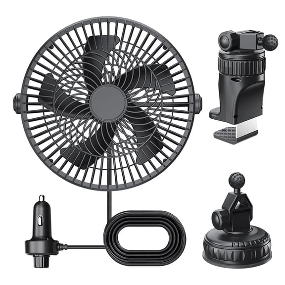 CMIABO 12V Truck Fan &10.04 in Car Fan, Stepless Speed Control, Cigarette Lighter Plug, 3 Installation Ways: Clip, Suction Cup & Hanging, Designed for Large Vehicles