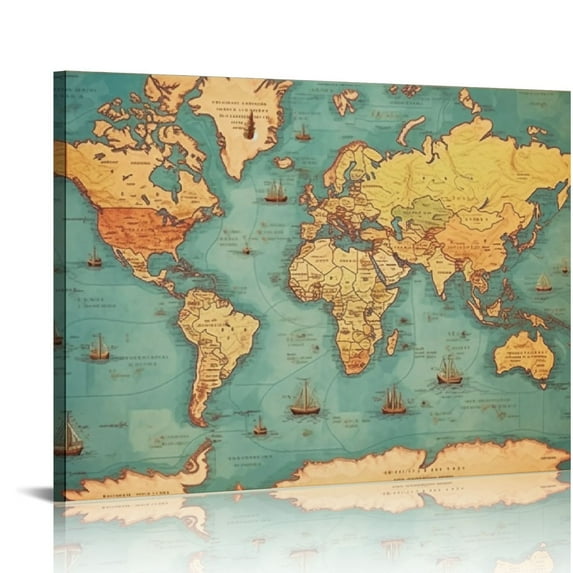 CMMY Framed World Map large Canvas Wall Art Perfect Canvas Wall Art for your Living Room and - Vintage Nautical Map Decor