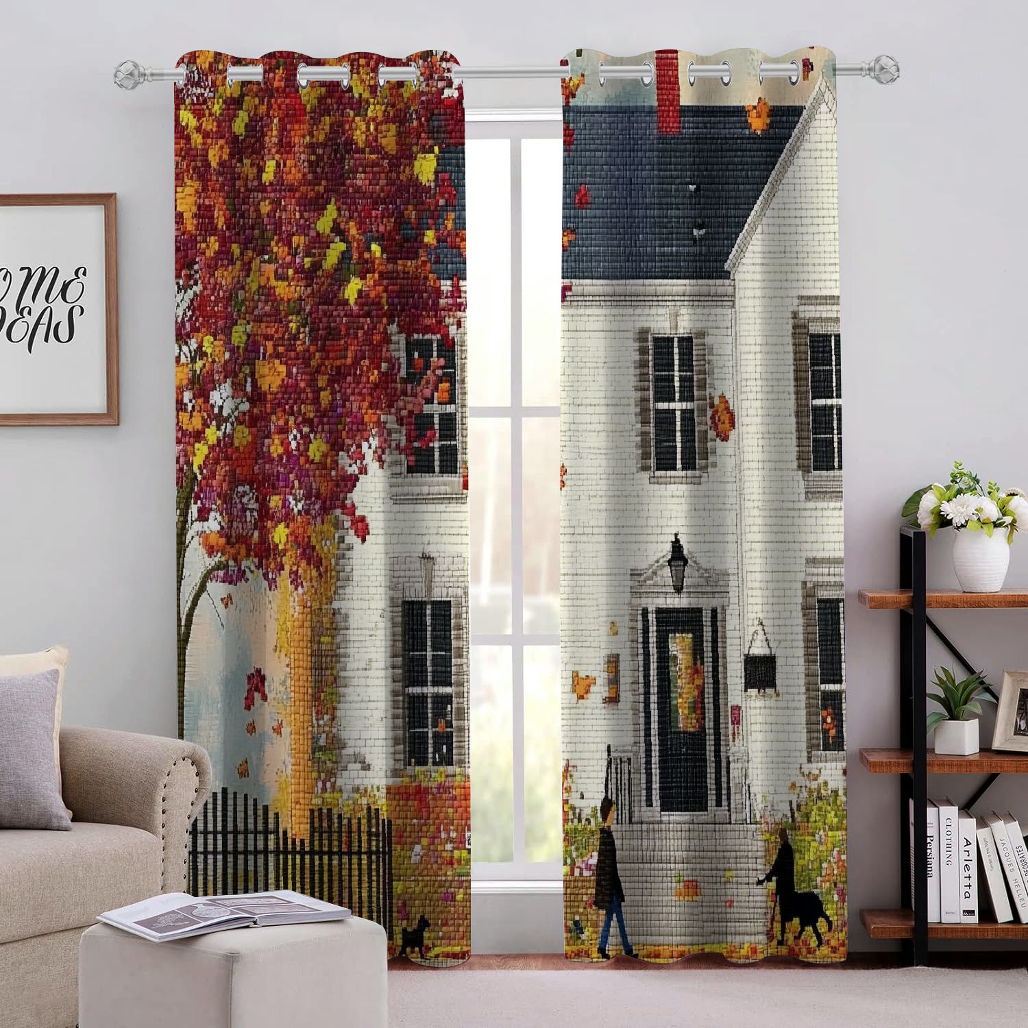 CMMY House Tree Person Walking Dog Perforated Blackout Curtains 2Pack Silver Grommet Design