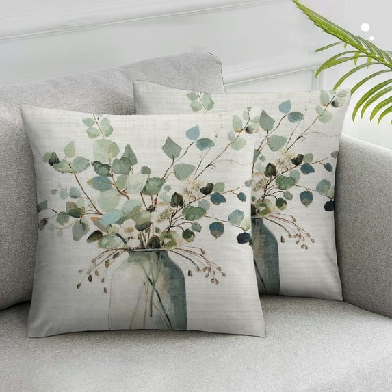 CMMY Spring Summer Leaf Pillow Covers Watercolor Eucalyptus Leaves Couch Pillow Cases Sage Green Farmhouse Throw Pillows Set of 2 Home Decor for Living Room Bedroom Bed Cushion Outdoor White