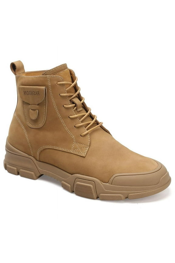 CMR CHAMARIPA Elevator Boots For Men Lace-Up Hidden Heel Boots Brown Nubuck Leather Casual Boots 7CM/2.76 Inches