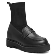 CMR CHAMARIPA Elevator Shoes For Women - Black Calfskin Sock Loafer Boots 3.15 Inches / 8CM