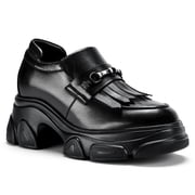 CMR CHAMARIPA Elevator Shoes For Women - Black Soft Leather Tassel Loafers 9CM / 3.54 Inches