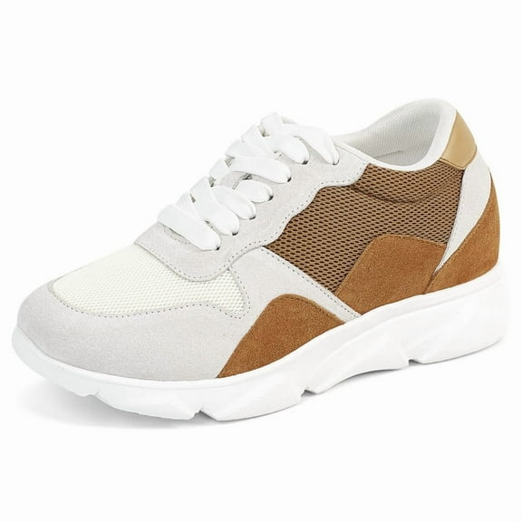 CMR CHAMARIPA Elevator Shoes For Women - Casual Height Increasing Shoes Yellowish Brown Suede Leather 2.76 Inches / 7 CM