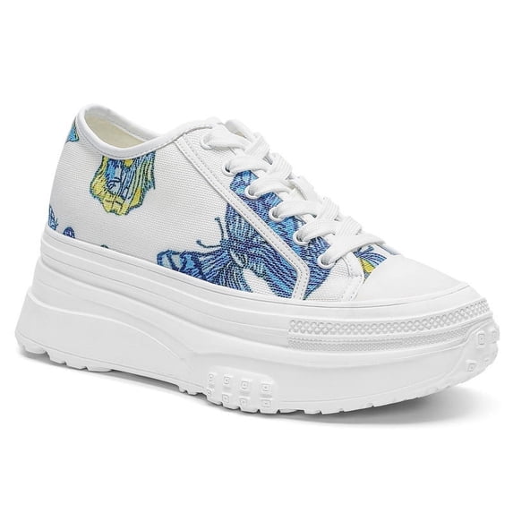 CMR CHAMARIPA Elevator Shoes For Women - White Casual Height Increasing Canvas Shoes Butterfly Pattern 3.15 Inches / 8 CM