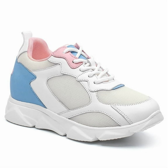 CMR CHAMARIPA High Heel Sneakers For Women - White Cowhide Leather Height Increasing Shoes 3.15 Inches / 8 CM
