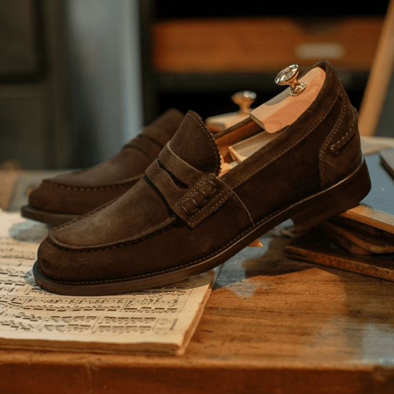 CMR CHAMARIPA High Increasing Shoes - Raised Heel Shoes - Handcrafted Dark Brown Suede Penny Loafers 6 CM / 2.36 Inches (No Shoe Last)