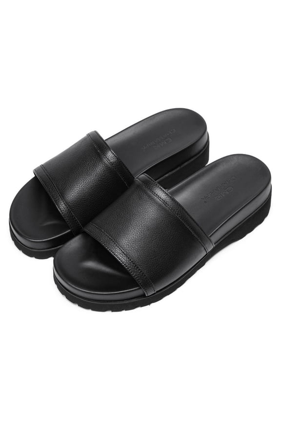 CMR CHAMARIPA Men Height Increasing Slippers Black Leather High Heel Slide Sandal Fashion Casual Elevator Slippers Sandals 6CM / 2.36 Inches