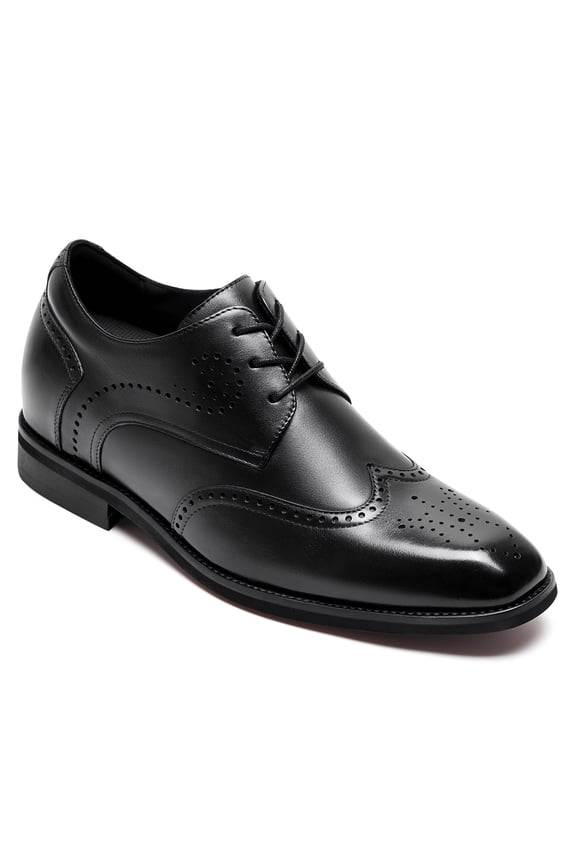 CMR CHAMARIPA Men's Height Increasing Formal Shoes - Black Leather Wingtip Brogue Derby Shoes 7CM / 2.76 Inches
