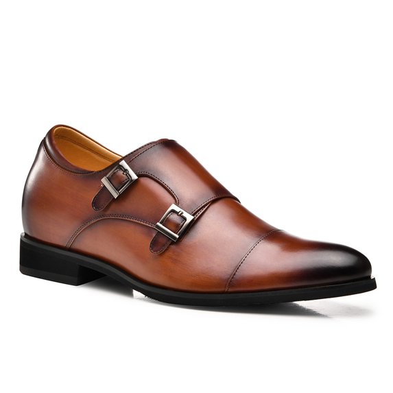 CMR CHAMARIPA Men's Height Increasing Monk Elevator Dress Shoes For Men Brown Calfskin Leather 7CM / 2.76 Inches