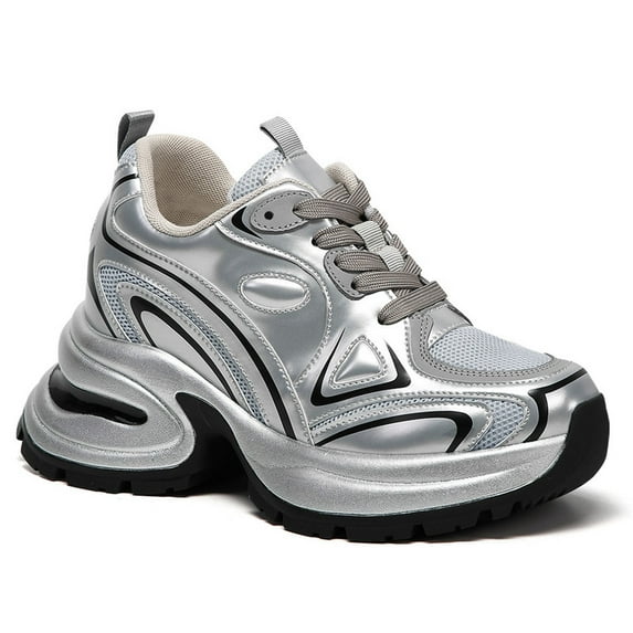 CMR CHAMARIPA Women's Height Increasing Shoes - Silver Microfiber Platform Sneakers 10CM / 3.94 Inches