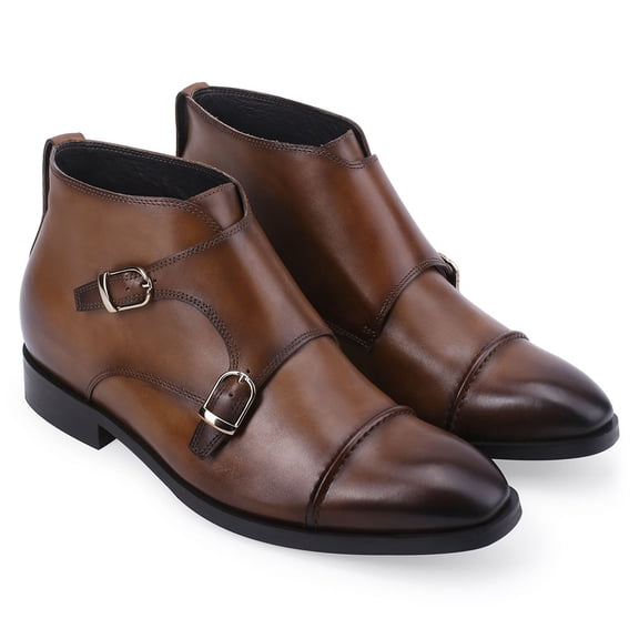 CMR CHAMARIPA elevator shoes mens - Calfskin brown Double Monk Strap Boots - 7CM/ 2.76 inches taller