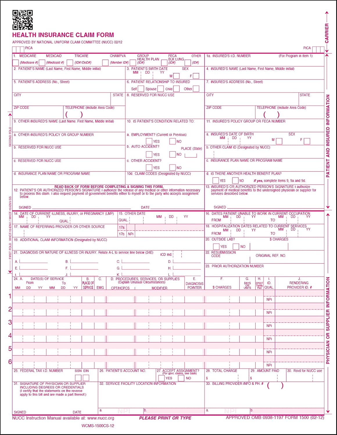 CMS 1500 Claim Forms - HCFA (Version 02/12) 2,500 SHEETS, APPROVED OMB ...