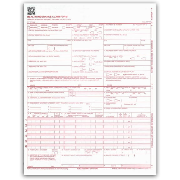 CMS 1500 / HCFA 1500 Insurance Claim Forms - Laser/Ink-Jet Compatible New Version 02/12 Letter Size 8-12" x 11" 500 Sheets Per Ream