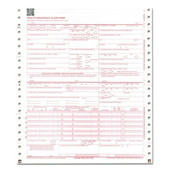 CMS 1500 Medical Claim Forms, 2 Part Continuous White/White, 9 1/2 x 11, 1000 Forms