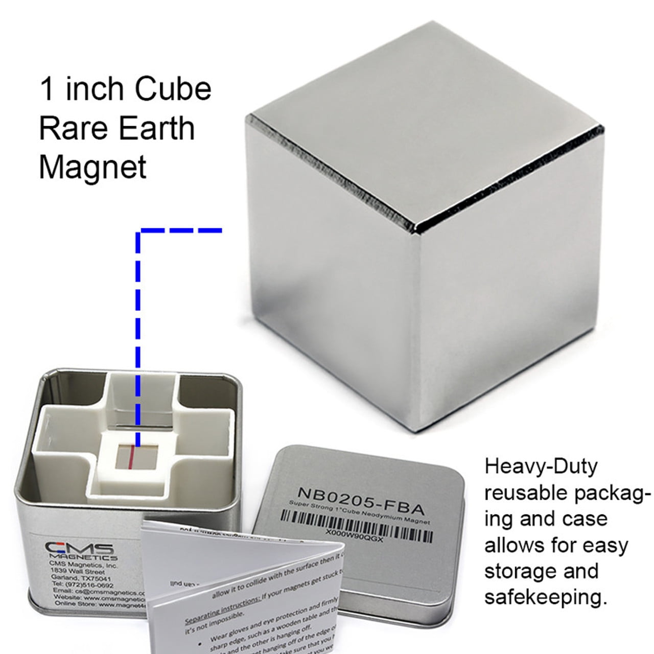 CMS Magnetics 1-Inch Neodymium Cube Magnet in Safe Keeper - Strong NdFeB Rare Earth Magnet with Triple Coating, Durable & Powerful