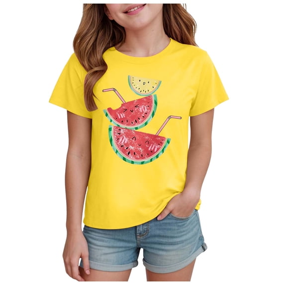 CMSHTD Shirts for Girls Short Sleeve Summer, Toddler Girls Children T-Shirts Print Cute Tops, Yellow 2-3 Years