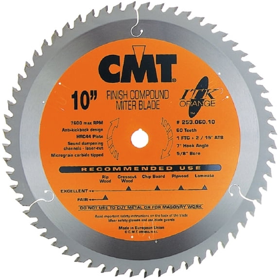 CMT 253.060.08 ITK Industrial Finish Sliding Compound Miter Saw Blade, 8-1/2-Inch x 60 Teeth 1FTG+2ATB Grind with 5/8-Inch Bore